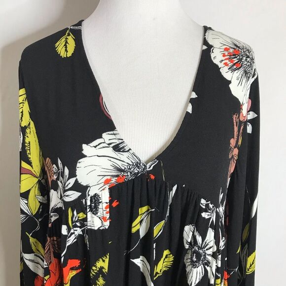 Free People Bella Black Red Green Floral Tunic Long Bell Sleeves Small - Picture 7 of 13